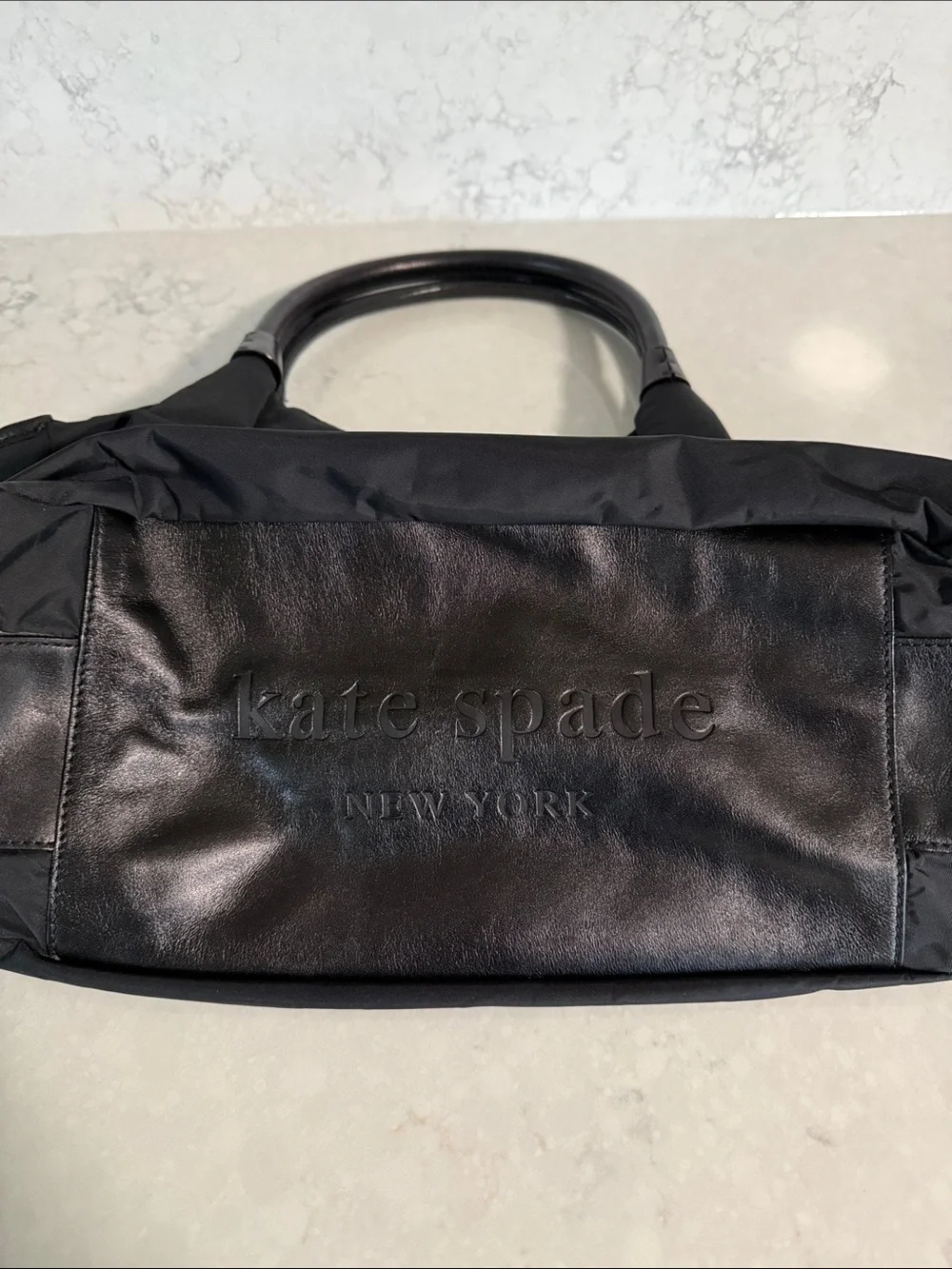 kate spade Black Nylon Shoulder Bag with Gold-Tone Plaque & Polka Dot Lining